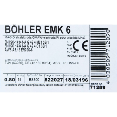 Bohler MAG drut spawalniczy EMK6 ER70S-6 G3Si1 12.50 fi.0.8 15kg